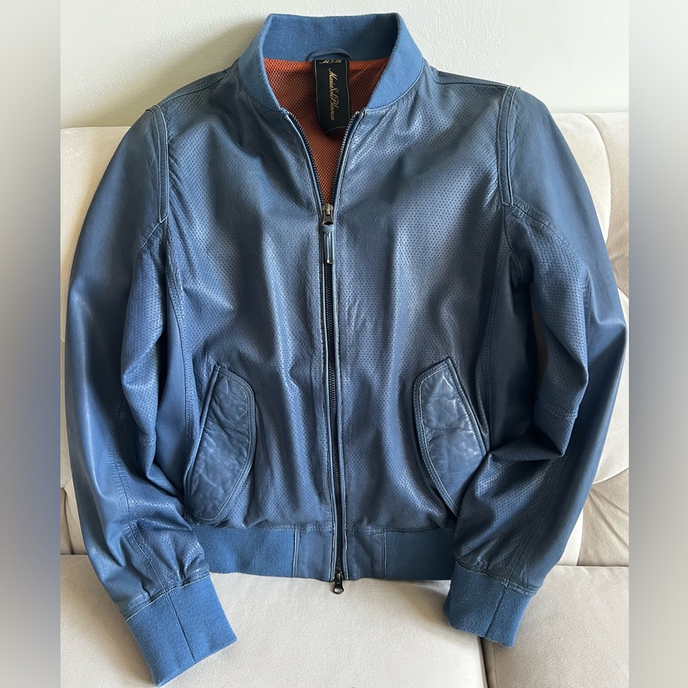 Women Genuine Leather Jacket Soft Lambskin Bomber Jacket Blue Color Size:M